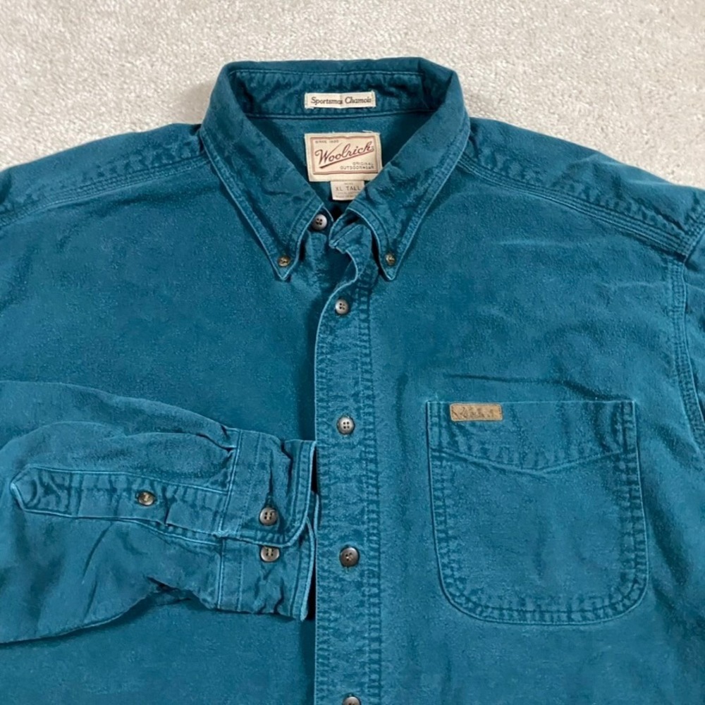 VTG Woolrich Shirt Mens XL Tall Sportsman Chamois Teal Blue Cotton Button Down